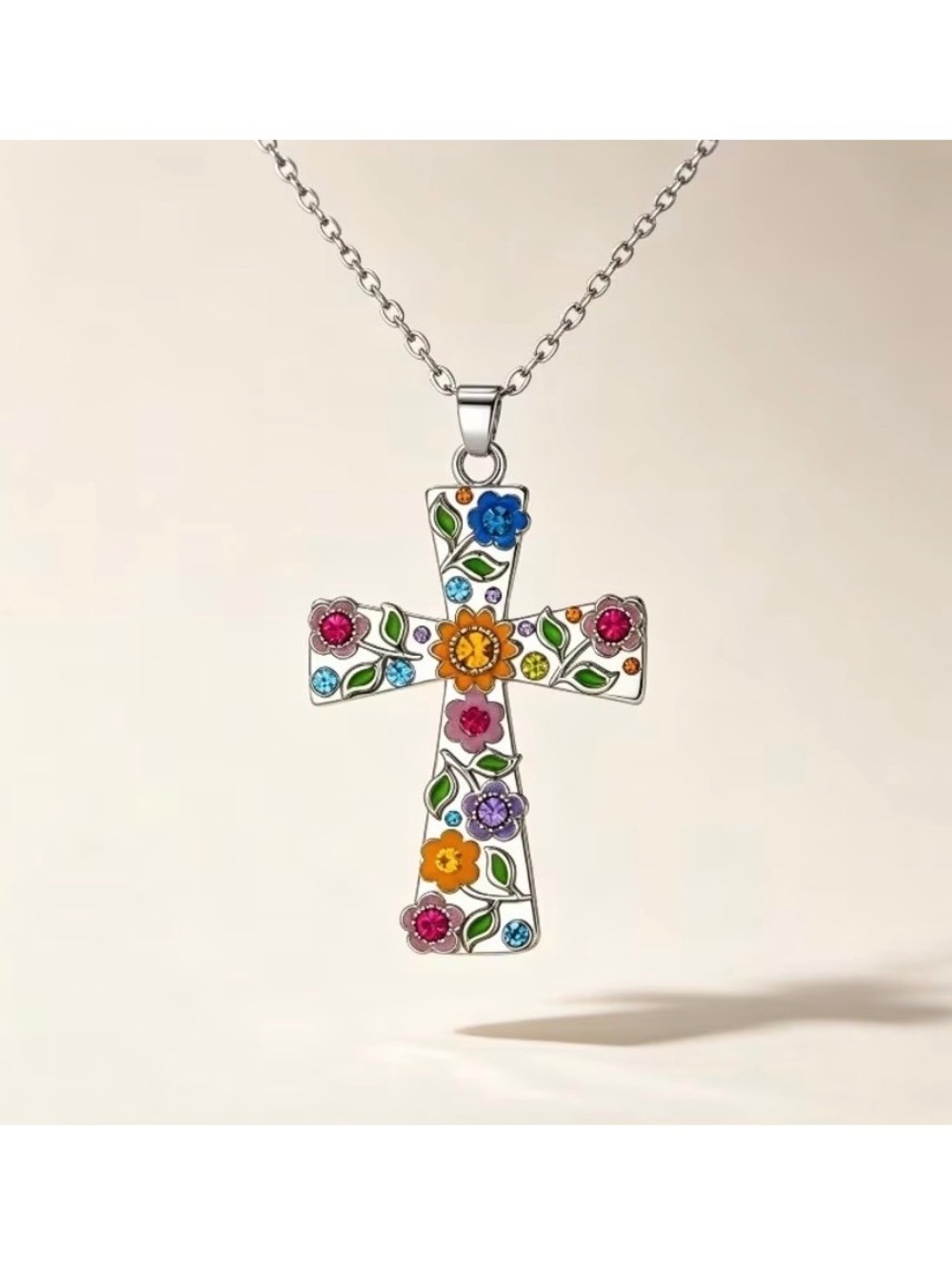 Vibrant Floral Cross Pendant Necklace - Statement Jewelry